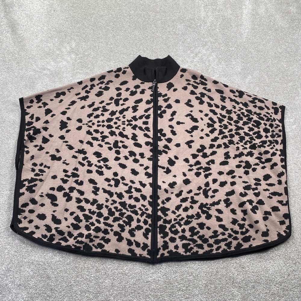 Nicole Miller Poncho Womens L/XL Tan Black Leopard Print Full Zip Mock Neck Cape